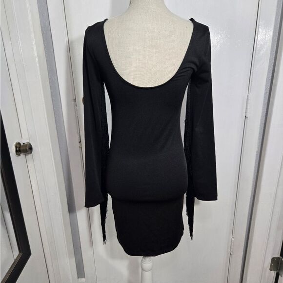 H&M black bodycon mini dress with fringe long sleeves sz 10 - Picture 5 of 9